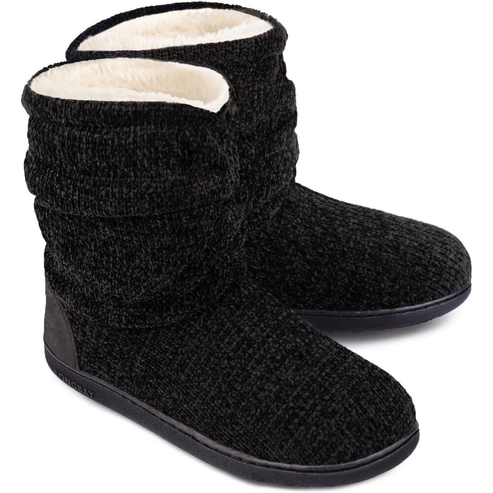 Women's Black Cozy Winter Warm Knit Memory Foam Non Slip Slipper Bootie Shoes
